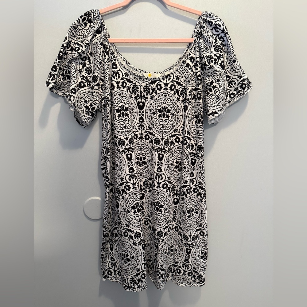 Boden Scoop Neck Jersey Mini Dress in Black Exotic Tile Size 12